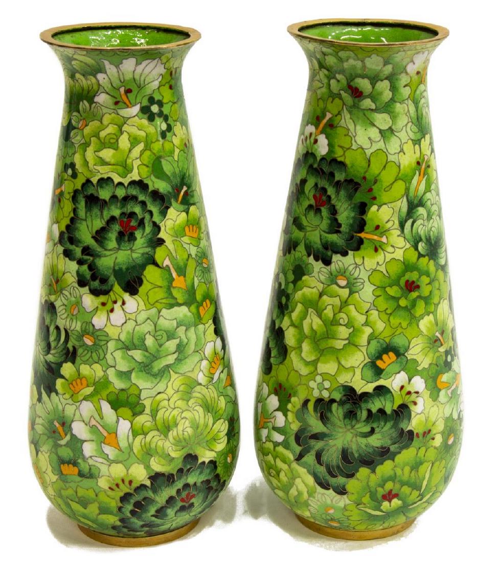 (PR) CHINESE CLOISONNE ENAMEL GREEN FLORAL VASES (1 of 3)