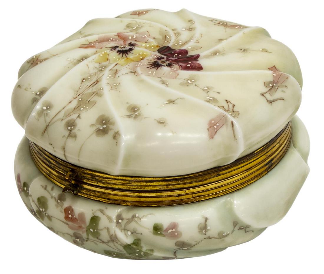 WAVECREST (ATTRIB) DRESSER BOX WITH FLORAL DESIGN: Wavecrest dresser box, unmarked, attributed, polychrome floral and foliate designs on a molded swirl white ground, raised white enamel accents, tear to the interior lining, approx 4"h, 7"l, 7"d, 2lbs 