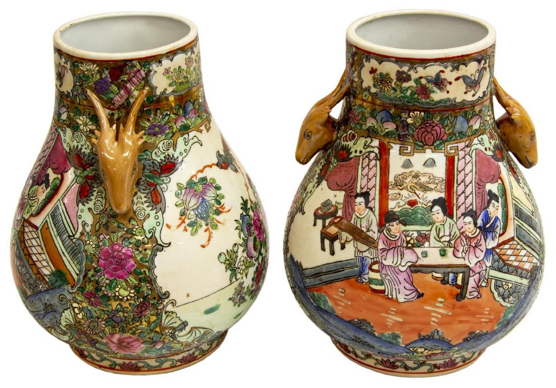 (2) CHINESE ROSE MEDALLION DEER HEAD HANDLE VASES (1 of 4)