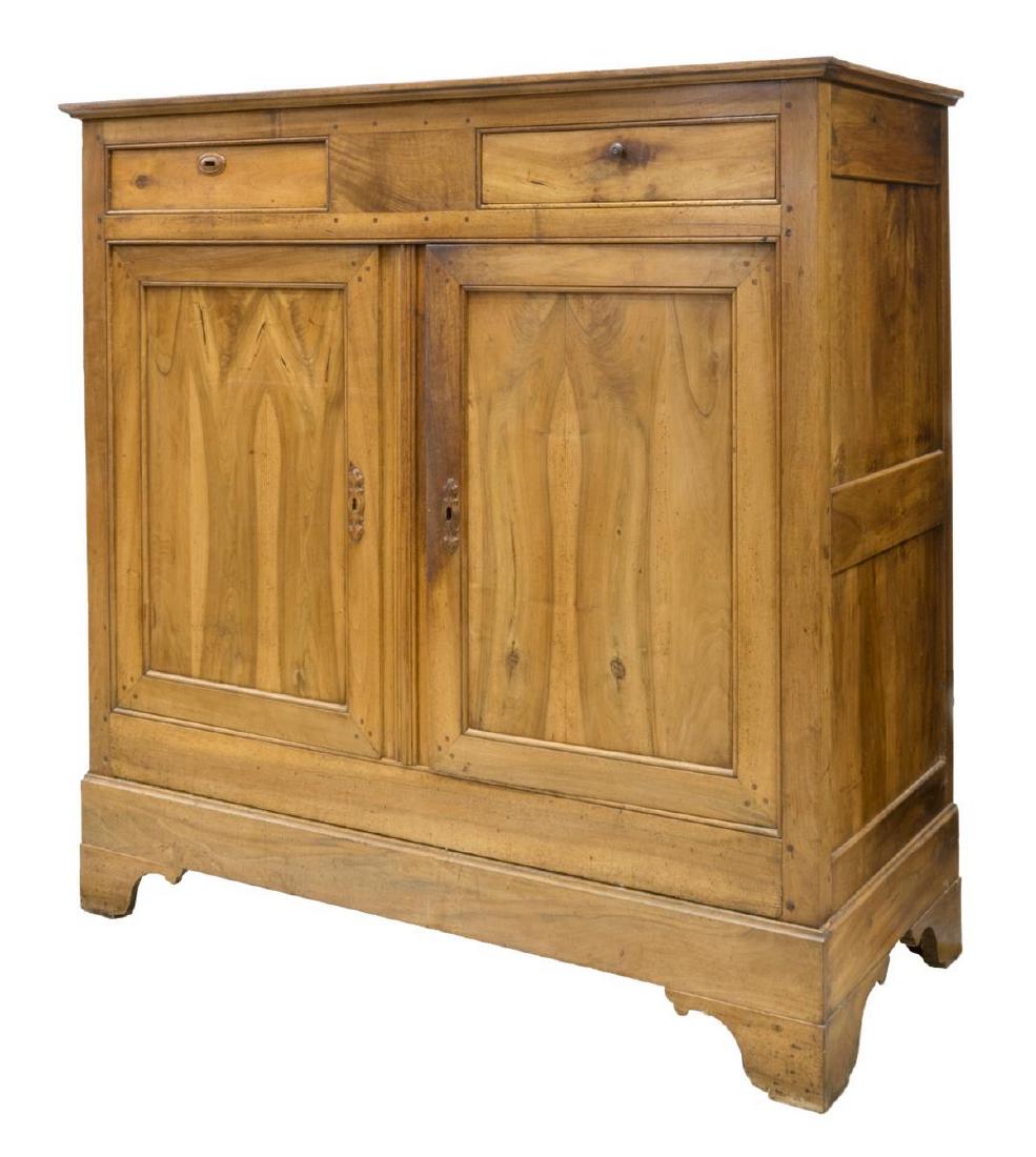 FRENCH PROVINCIAL TALL SIDEBOARD, C. 1800: French Provincial tall walnut sideboard, c. 1800, the rectangular top over two drawers and two lower doors, one opening to shelved storage with a drawer, rising on bracket feet, 60.25"h, 61"w, 26.25"d