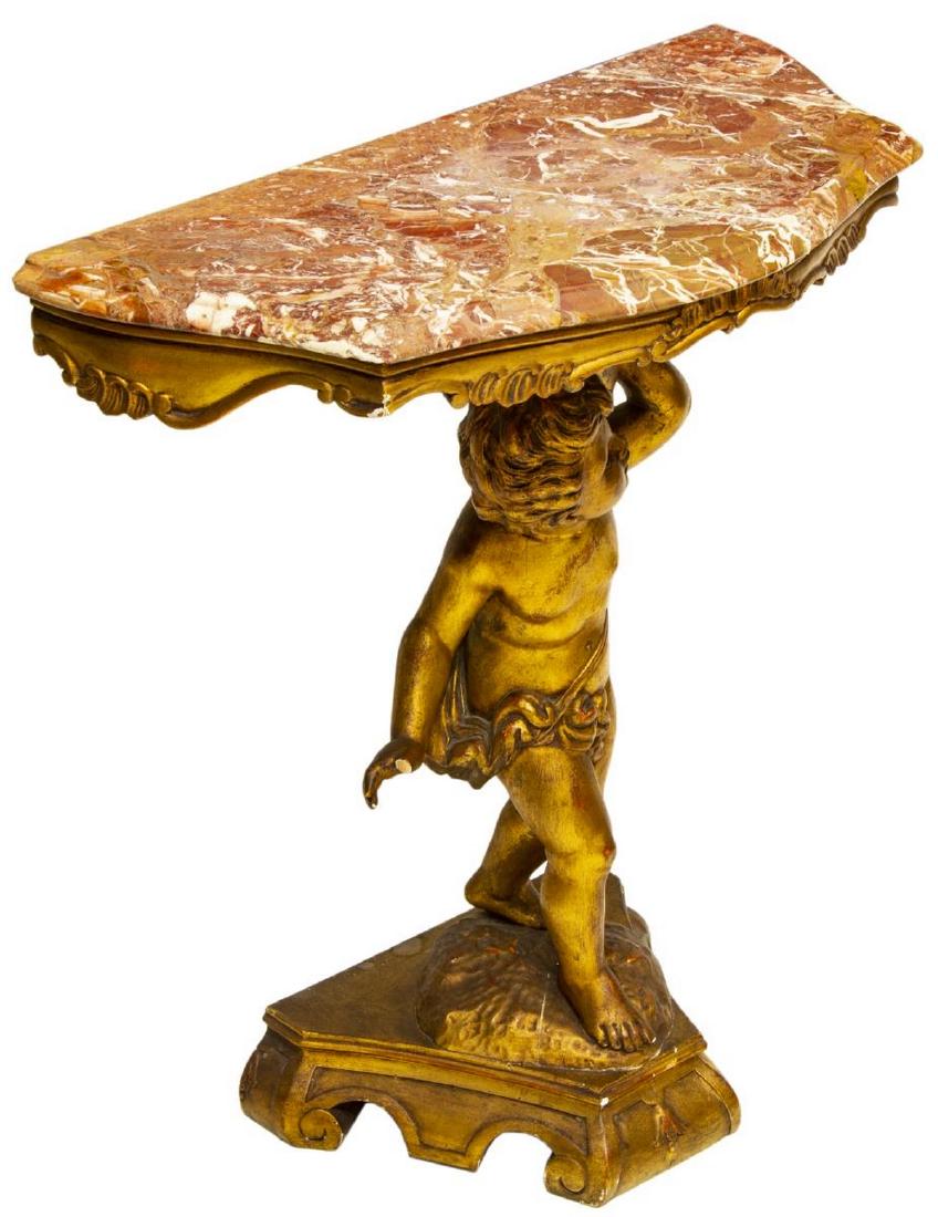 ITALIAN MARBLE-TOP GILTWOOD FIGURAL PUTTO STAND (1 of 3)