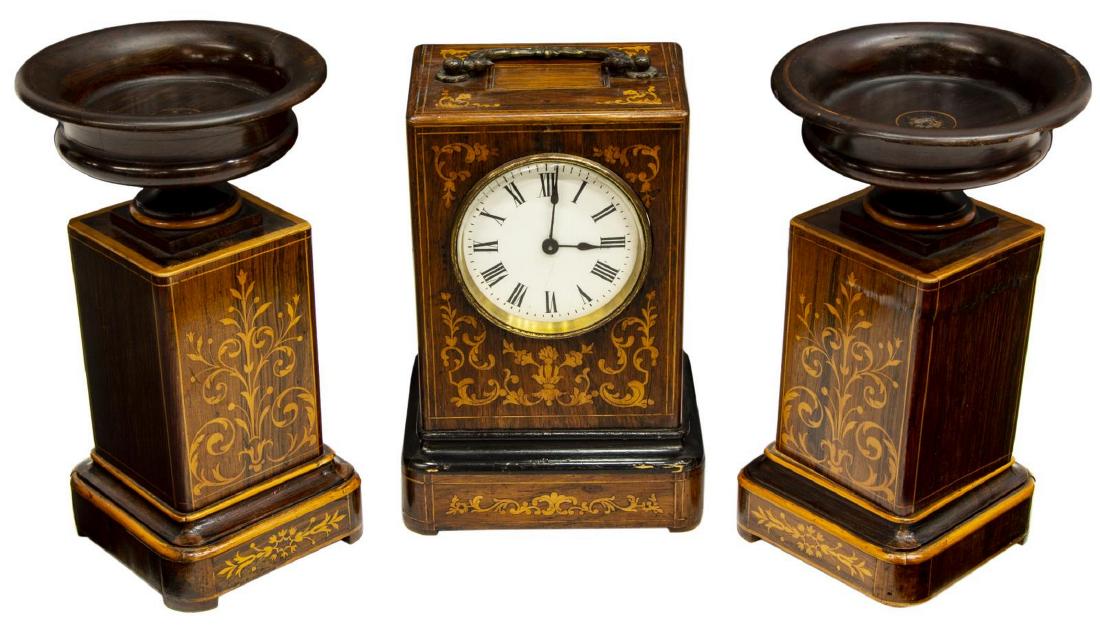 (3) ENGLISH ROSEWOOD FOLIATE MARQUETRY CLOCK SET (1 of 4)