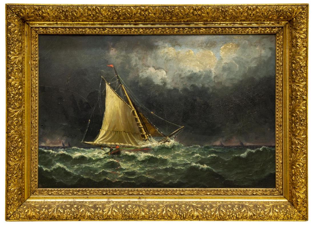 FRAMED OIL ON BOARD PAINTING, SAILORS IN STORM: Framed oil on board painting, Sailors in Stormy Weather, unsigned, craquelure to painted surface, sight: approx 15.75"h, 24"w, overall: 21"h, 29"w, 7.75lbs Start Price: $100.00