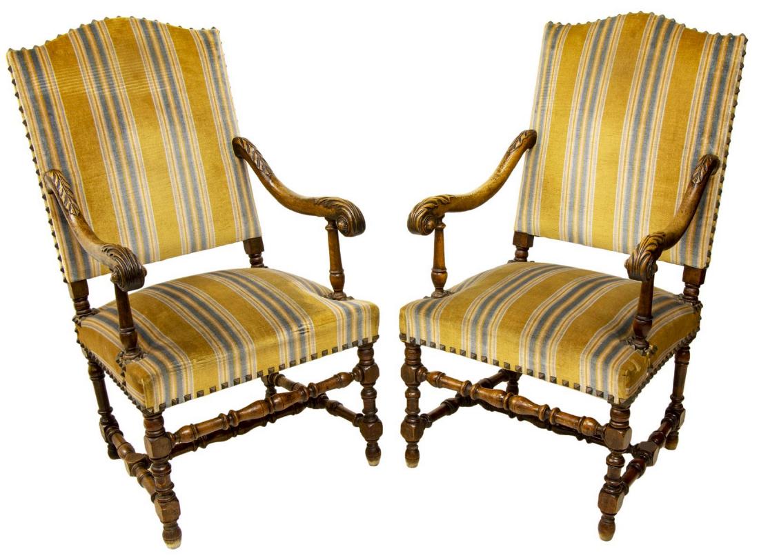 (2) LOUIS XIII STYLE WALNUT ARMCHAIRS, 19TH C. (1 of 2)