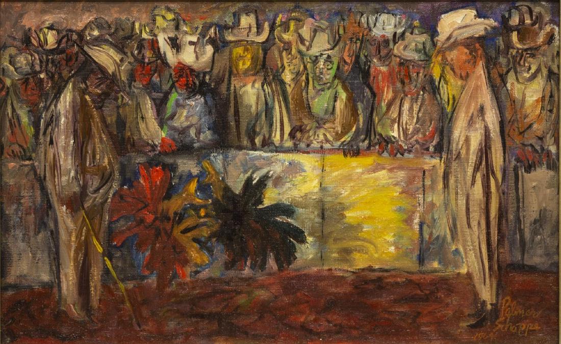 PALMER SCHOPPE (1912-2001) COCKFIGHT PAINTING: Framed oil painting on canvas, "Saturday Afternoon", Cockfight, signed, dated 1964, lower right Palmer Schoppe, (California, Utah, 1912-2001), signed again, titled at verso, sight: 13.5"h, 21.5"w, ove