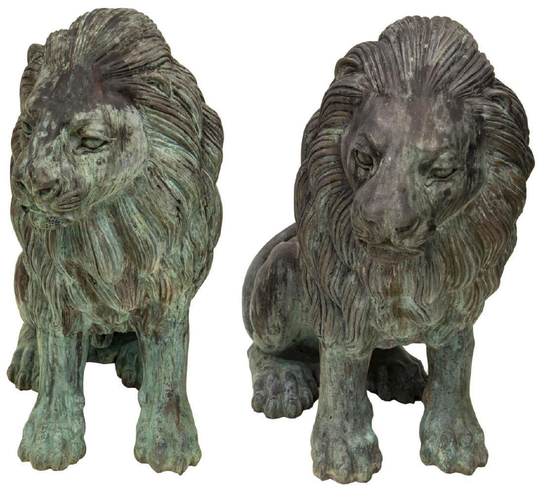 (2) NEAR LIFE-SIZE PATINATED BRONZE SEATED LIONS 40"H (1 of 8)