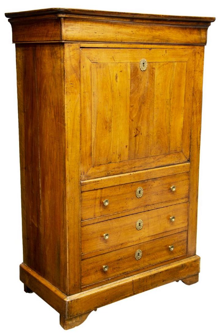 LOUIS PHILIPPE PERIOD WALNUT SECRETARY: Louis Philippe period walnut secretary, mid 19thc., having stepped cornice over drop front opening to leather embossed writing surface and interior drawers, over three drawers, rising on bracket feet,