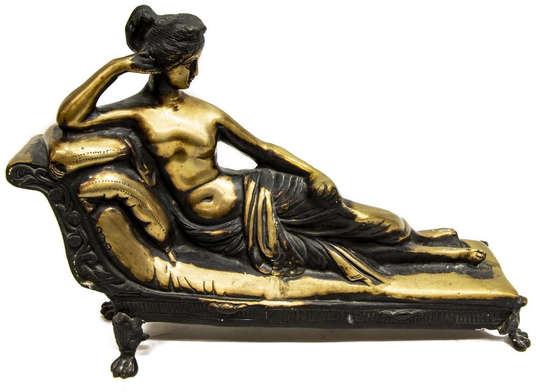 PATINATED BRONZE FIGURE OF RECLINING WOMAN: Patinated bronze figure, 20th c., depicting a partially nude woman reclining on a chaise lounge, approx 13"h, 19"w, 4.75"d, 16.5lbs Start Price: $80.00