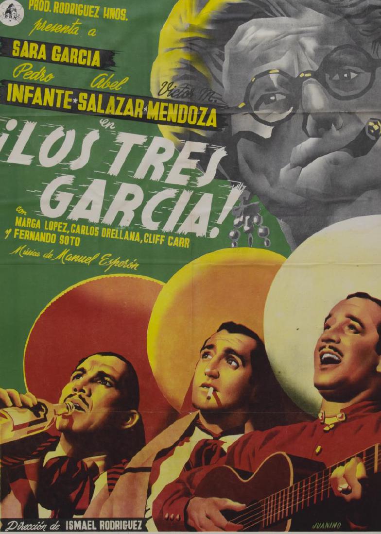MEXICO LITHOGRAPH MOVIE POSTER, 'LOS TRES GARCIA!': Unframed lithograph movie poster, Mexico, c.1946, "Los Tres Garcia!," starring Sara Garcia (1895-1980), Pedro Infante (1917-1957), Abel Salazar (1917-1995), Victor Manuel Mendoza (1913-1995), directed