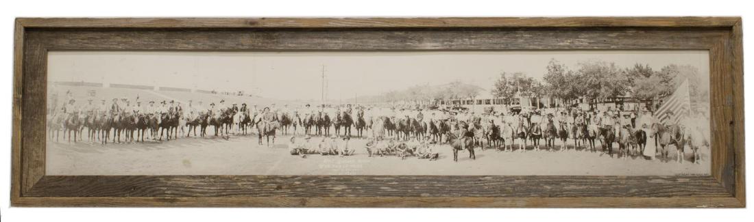 PANORAMIC PHOTO REPRODUCTION, HOOT GIBSON RODEO: Framed reproduction panoramic photo print, "Hoot Gibson's Rodeo, State Fair of Texas, Oct 8-23, 1932, Dallas, Texas", showing more than 60 cowboys and cowgirls, most on horseback, Hoot Gibson (1892-19