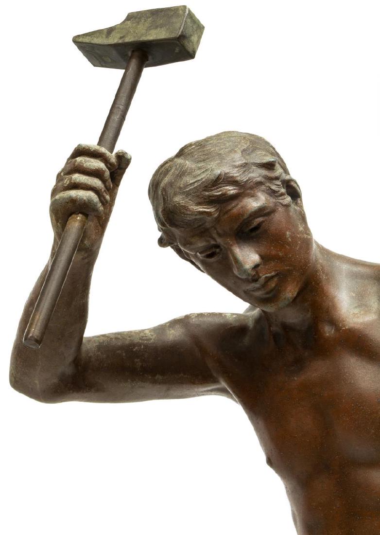 CAST SPELTER FIGURE AFTER ROUSSEAU, THE BLACKSMITH: Cast spelter figure, "Le Travail," signed in cast after Rousseau (France, 19th/ 20th c.), depicting a blacksmith at his anvil, Fabrication Francaise, Paris foundry stamp, on circular pedestal base, lo