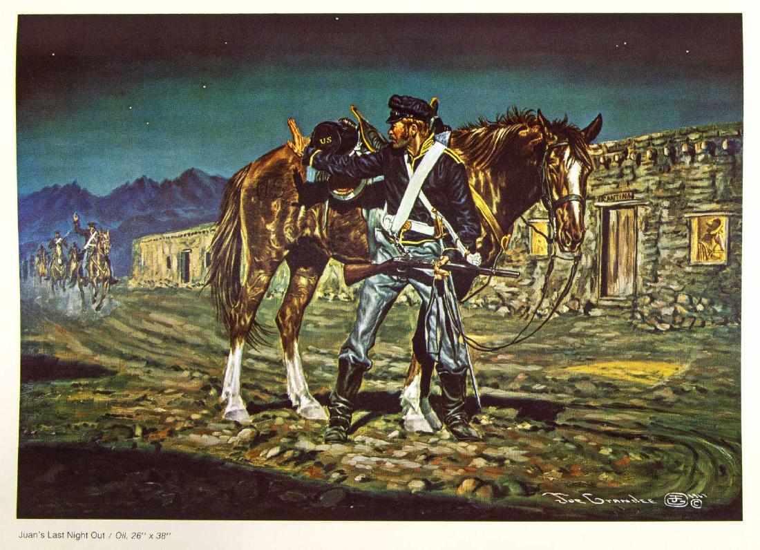 BRONZE & SIGNED BOOK, JOE GRANDEE, TEXAS B. 1929: (lot of 3) Bronze sculpture, 7th Cavalry Trooper, numbered 54 of 126, dated 1969, signed in the bronze Joe Grandee (Joe Ruiz Grandee, Texas, b. 1929), also marked at the interior, 7"h, 5.5"w, 3.5"d; (