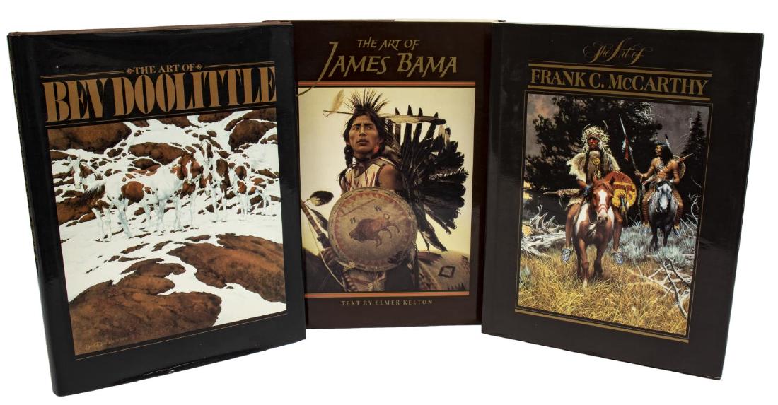 (3) WESTERN ART BOOKS, DOOLITTLE, BAMA, McCARTHY: (lot of 3) Western art books: (1) The Art of Bev Doolittle, Elsie Maclay, Greenwich Workshop, signed by Bev Doolittle with sentiment at the first interior page, First edition 1990, 160 pages, dust cov