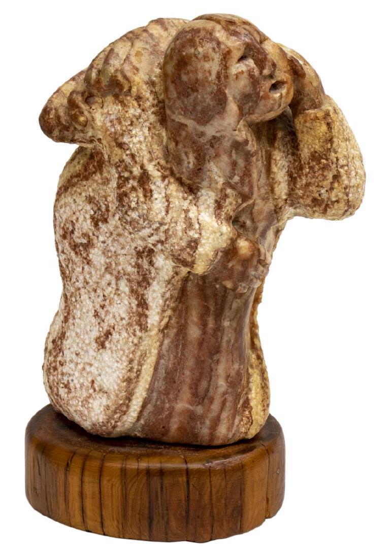 ROBERT MORNING GUN (CROW TRIBE, B.1949) SCULPTURE: Stone sculpture, Indian Woman, signed R. Morning Gun, Crow (Robert Morning Gun, Native American, Crow Tribe of Montana, b.1949), and dated 1980 at underside, stone: 6.5"h, overall with wood base: 7.5"