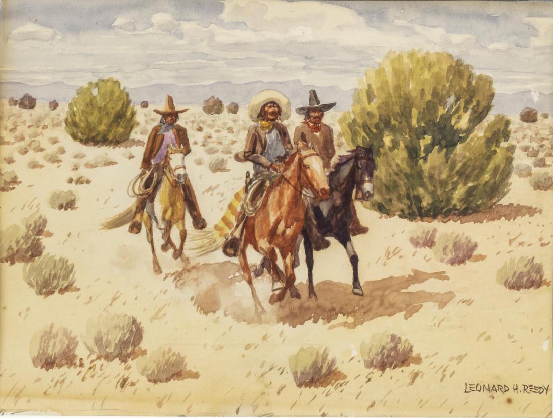 LEONARD REEDY (1899-1956) "MEXICAN RIDERS": Framed watercolor on paper, "Mexican Riders", signed lower right Leonard H. Reedy (Leonard Howard Reedy, Illinois, 1899-1956), sight: 8.25"h, 11"w, overall: 15"h, 18"w, 2.35lbs Start Price: $200.00