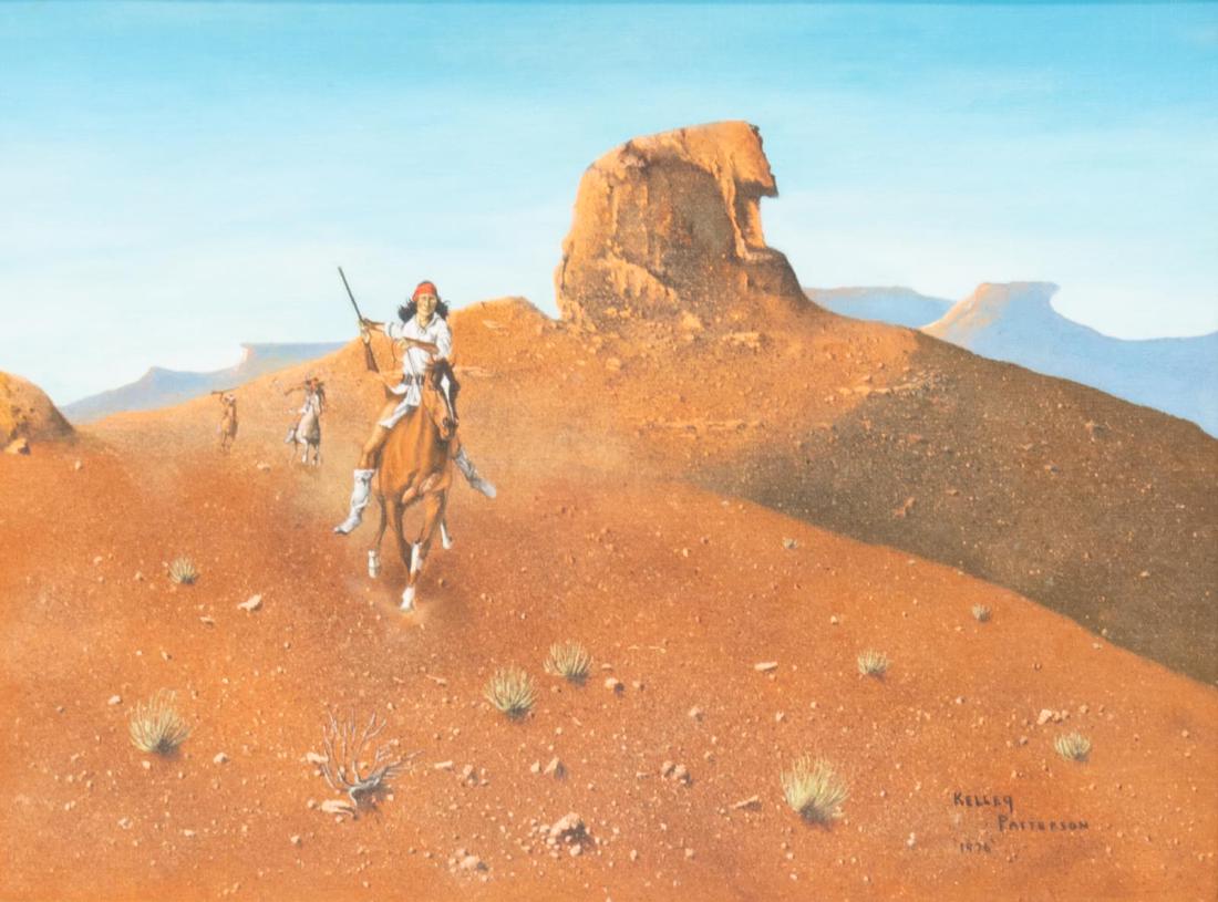KELLEY PATTERSON (20TH C.) INDIAN RIDER PAINTING: Framed oil painting on canvas board, Native Americans on Horseback, signed Kelley Patterson (Texas, 20th c.), and dated 1976 lower right, sight: 11.5"h, 16"w, overall: 19.5"h, 23.5"w, 4lbs **Provenanc