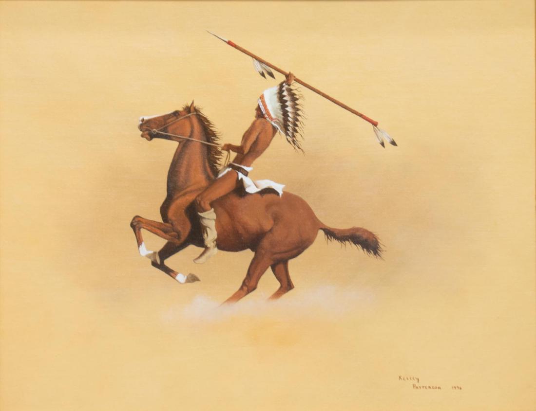 KELLEY PATTERSON (20THC.) INDIAN RIDER PAINTING: Framed oil painting on canvas board, Native American on Horseback, signed Kelly Patterson (Texas, 20thc.), and dated 1996 lower right, sight: 14"h, 18"w, overall: 19"h, 23"w, 3.5lbs **Provenance: from