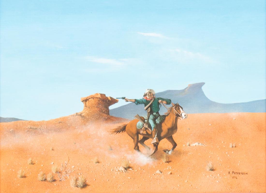 KELLEY PATTERSON (20THC.) COWBOY OIL PAINTING: Framed oil painting on canvas board, Cowboy with Gun Drawn on Horseback, signed K. Patterson (Kelley Patterson, Texas, 20thc.), and dated 1976 lower right, sight: 12"h, 16"w, overall: 19"h, 23.5"w, 4l
