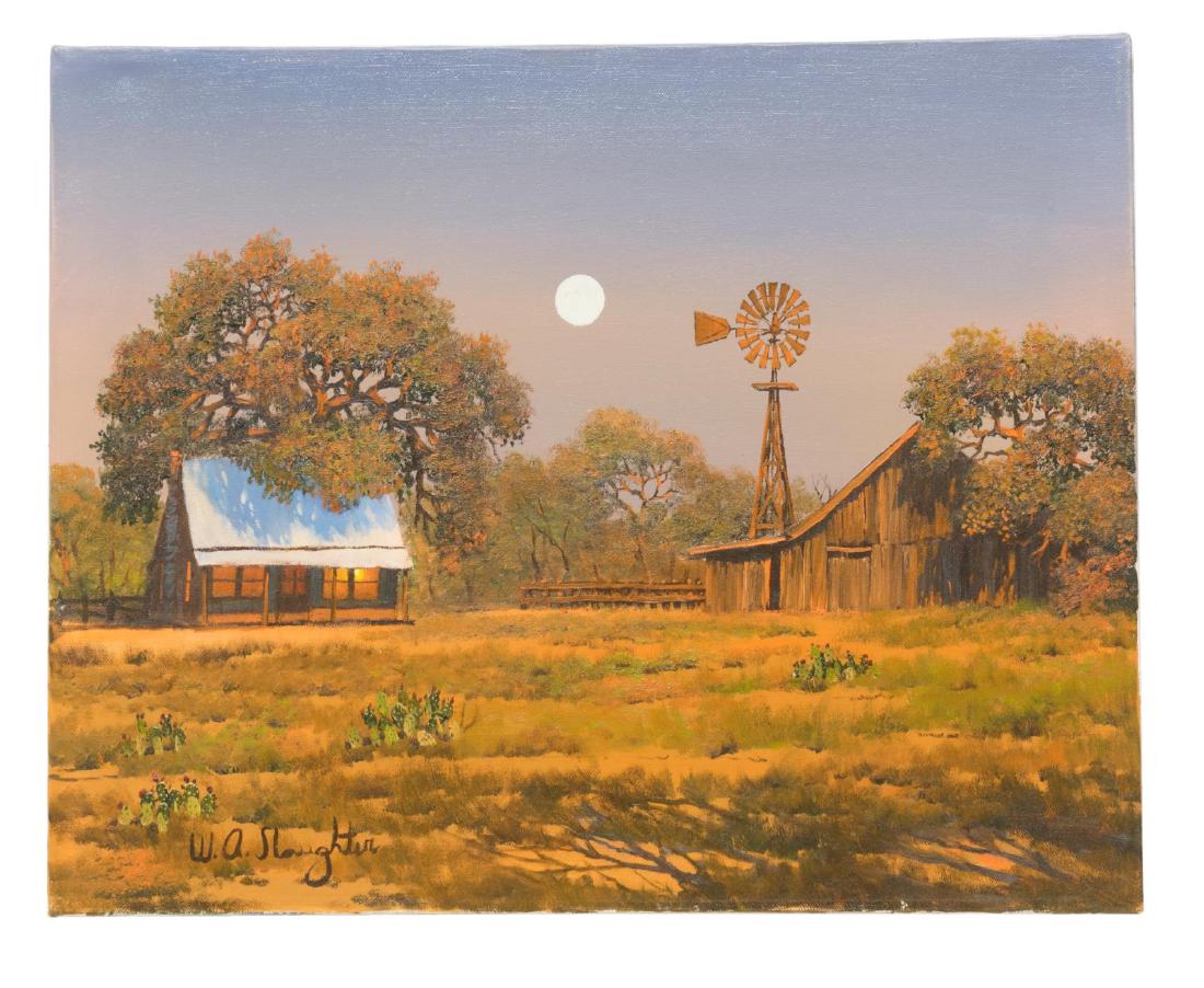 W.A. SLAUGHTER (1923-2004) MOONLIT TEXAS RANCH: Unframed oil painting on canvas, Moonlit Texas Ranch, signed lower left W.A. Slaughter (William A. Slaughter, Texas, California, 1923-2003), 16"h, 20"w Start Price: $800.00
