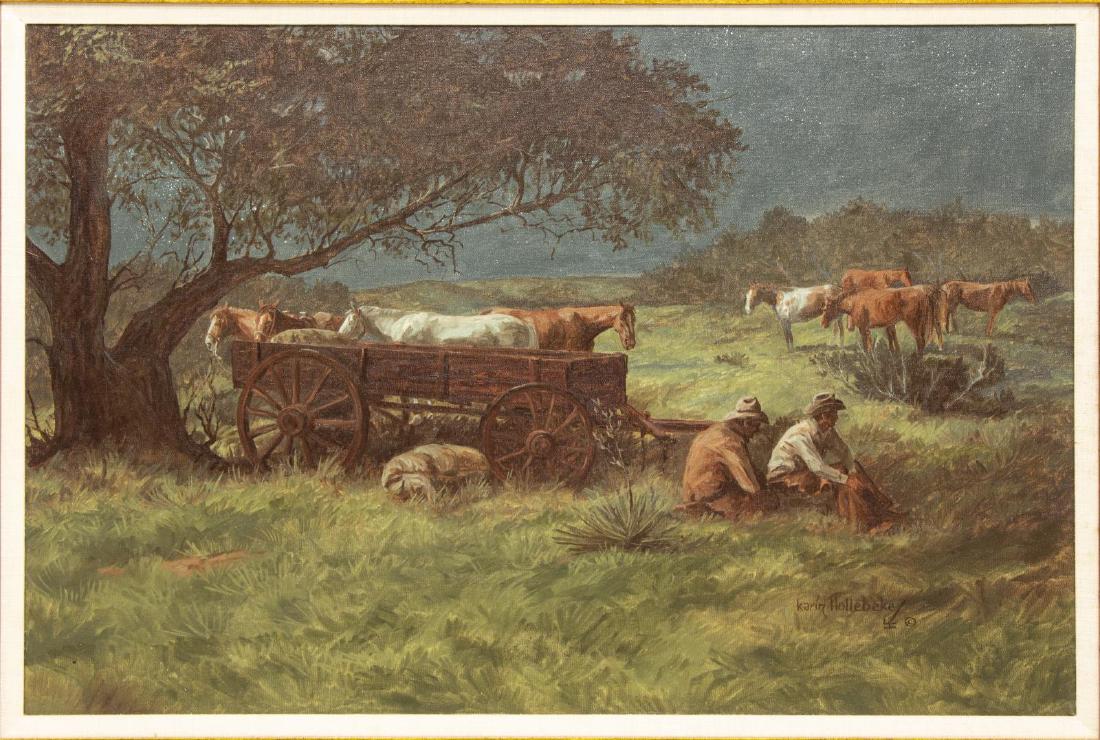 KARIN HOLLEBEKE (B.1950) WESTERN OIL PAINTING: Framed oil painting on canvas, Cowboys Resting near a Wagon, signed and monogrammed lower right Karin Hollebeke (Utah, b.1950), canvas: 24"h, 36"w, overall: 31"h, 43.5"w, 10.25lbs **Provenance: from a