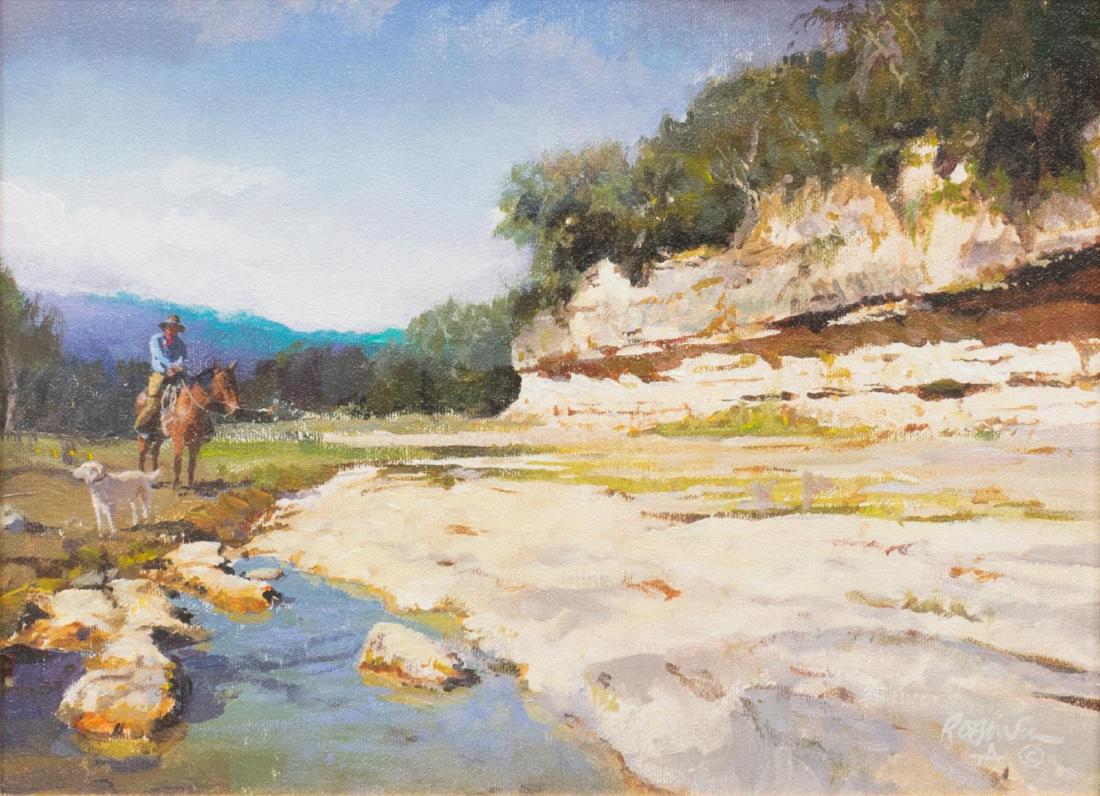 JAMES ROBINSON (1944-2015) "COW CREEK TEXAS": Framed oil painting on canvas, "Cow Creek Texas", signed lower right Robinson (James Robinson, Texas, 1944-2015), titled on stretcher verso, sight: 11"h, 8"w, overall: 19"h, 22"w, 10.5lbs Start Price: