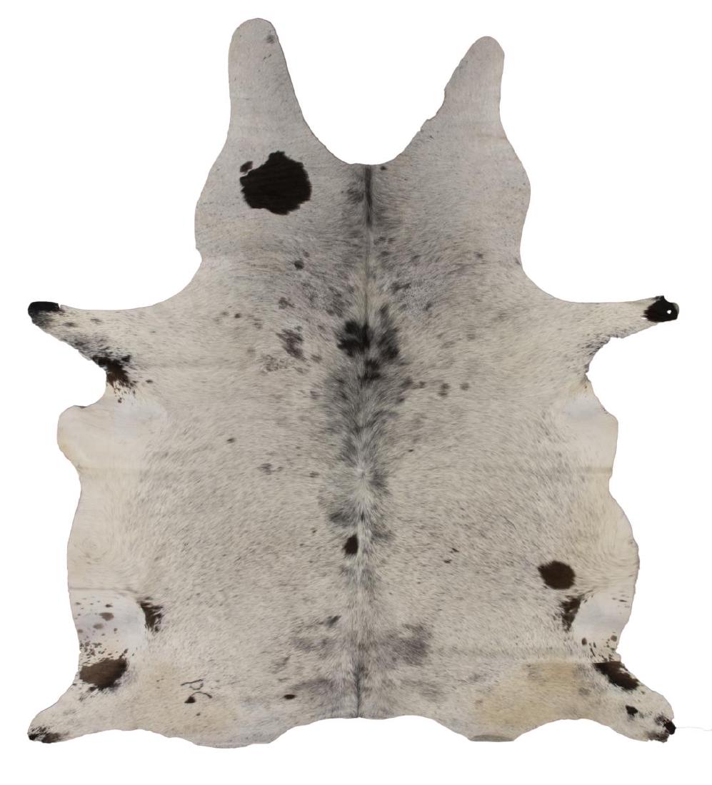 COWHIDE, GRAY & WHITE WITH BLACK SPOTS, 97" x 89": Cowhide, gray and white, black spots, branded, largest measurement approx. 97" x 89" Start Price: $150.00