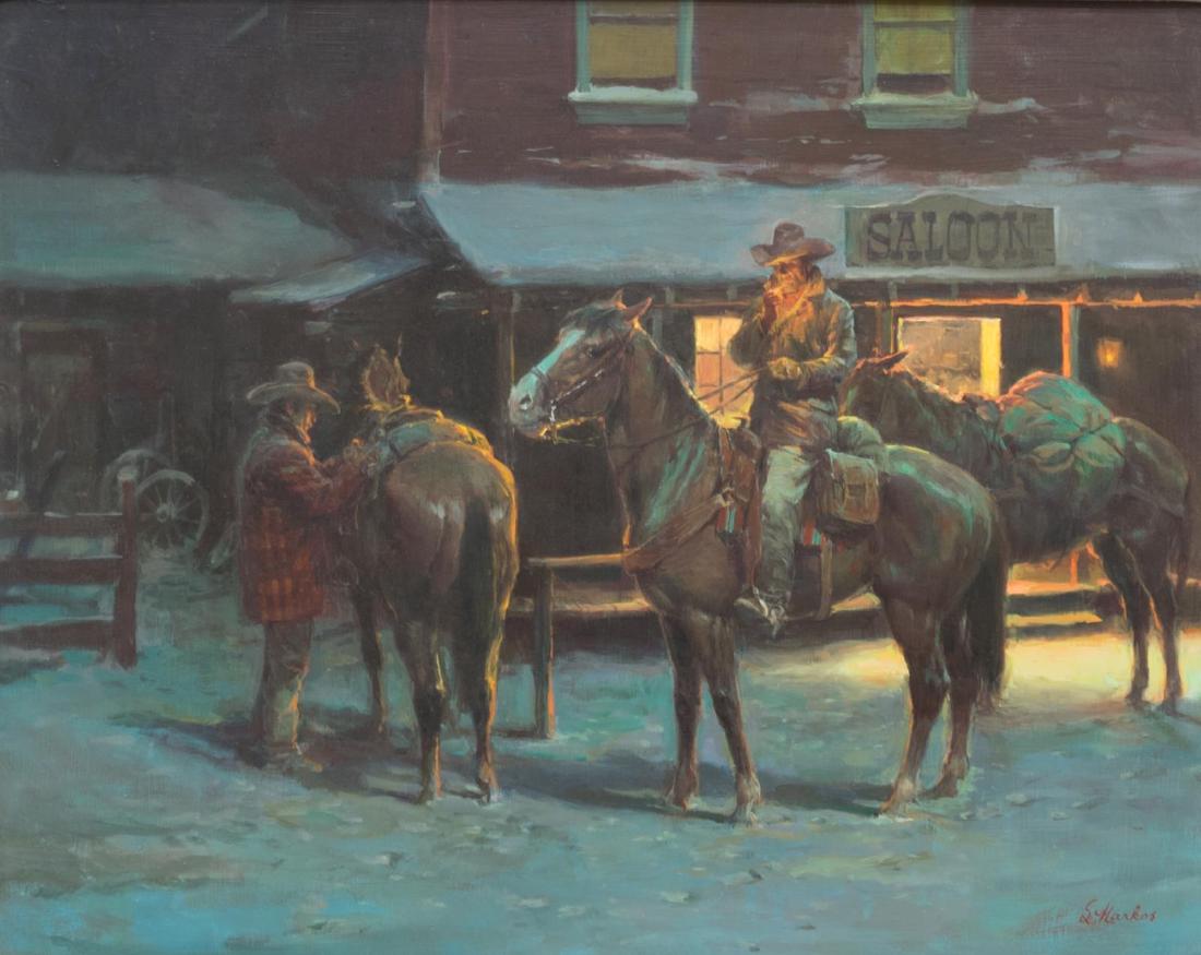 LAJOS MARKOS (1917-1993) "LIGHTING UP" PAINTING: Framed oil painting on board, "Lighting Up", signed lower right L. Markos (Lajos Markos, Hungary, Texas, 1917-1993), Houston gallery stamp at verso, sight: 15.25"h, 19.25"w, overall: 25.25"h, 29.25"w,