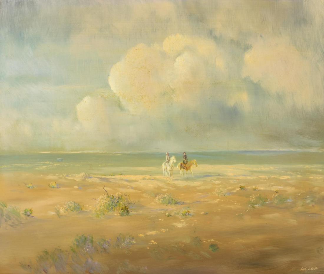 CARL J. SMITH (TX, B.1928) COWBOY OIL PAINTING: Framed oil on board painting, Two Riders in the Desert, signed lower right Carl J. Smith (Texas, b.1928), board: 24"h, 30"w, overall: 31.5"h, 37.5"w, 10.5lbs Start Price: $400.00