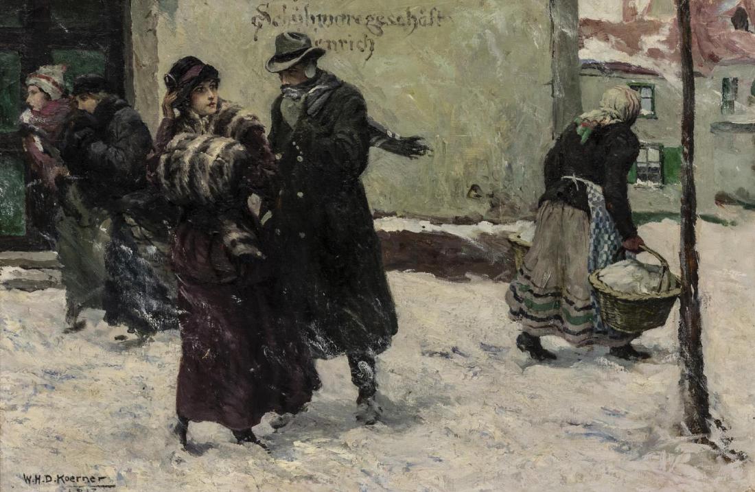 W.H.D. KOERNER (1878-1938) ILLUSTRATION PAINTING: Framed oil painting on canvas, "When Muffs Were in Style", signed W.H.D. Koerner (William Henry Dethlef Koerner, Germany, New Jersey, New York, 1878-1938), and dated 1917 lower left, a story illustrat