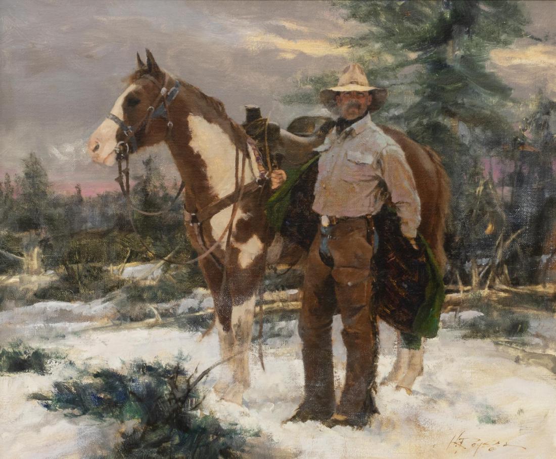 HOWARD ROGERS (B. 1932) COLDER WEATHER: Framed oil painting on canvas, Colder Weather, signed lower right H. Rogers (Howard Rogers, Arizona, California, b. 1932), sight: 23.5"h, 19.5"w, overall: 32.5"h, 36.5"w, 16lbs Start Price: $2000.00