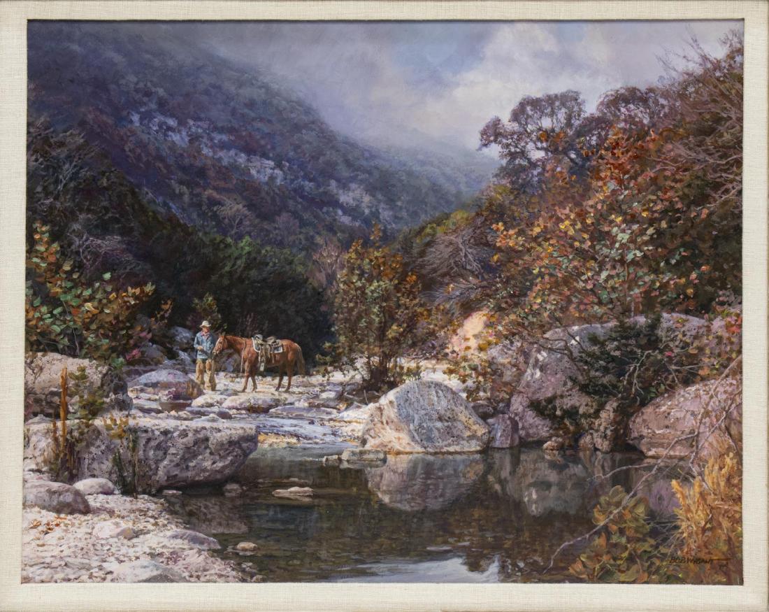 BOB WYGANT (1927-2008) TAKING A BREAK 16" X 20": Framed oil painting on masonite, Taking a Break, signed lower right Bob Wygant (Robert Charles Wygant, Texas, 1927-2008), sight: 15.25"h, 19.25"w, overall: 24"h, 28"w, 11lbs Start Price: $2000.00