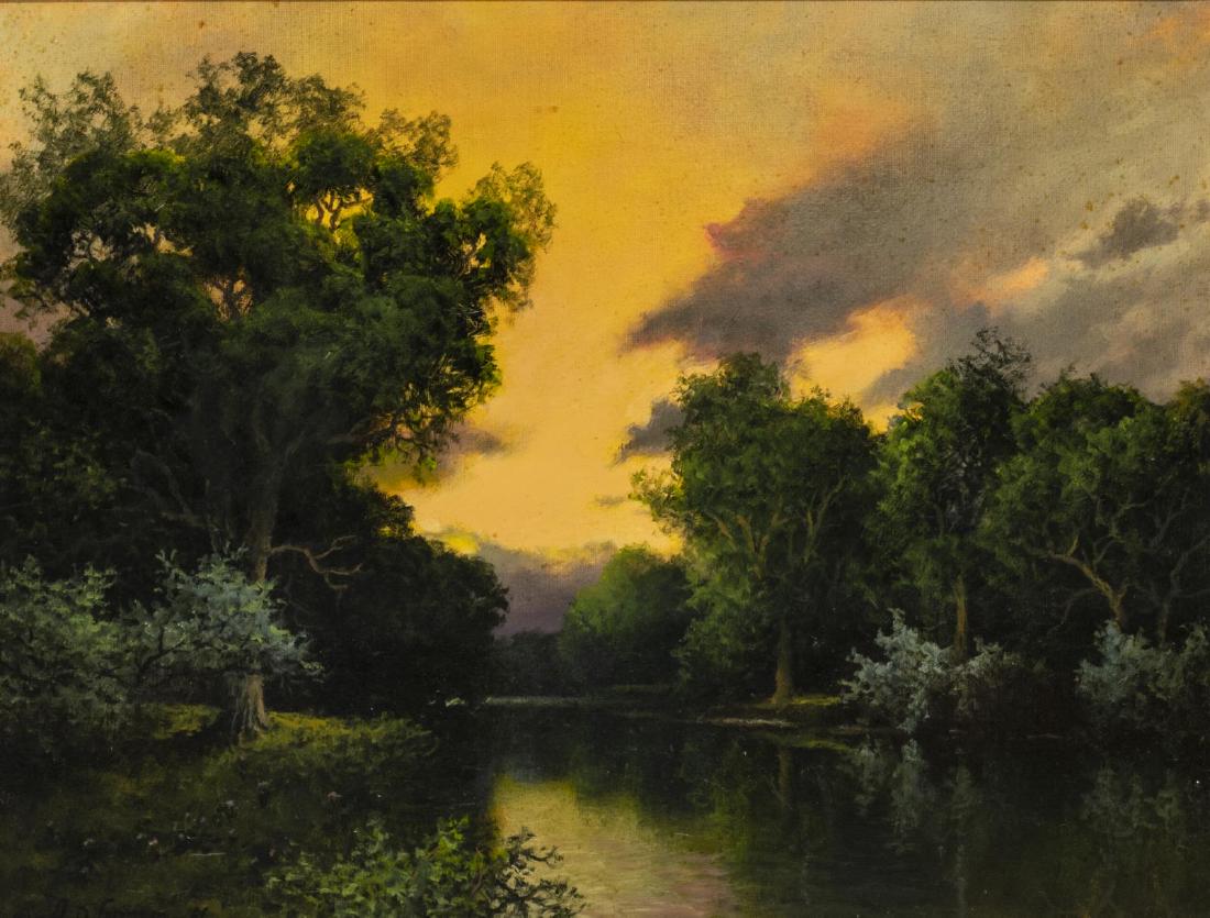 A.D. GREER (1904-1998) RIVER SUNSET, 18" x 24": Framed oil painting on canvas, River Sunset, signed A.D. Greer (Aubrey Dale Greer, Texas, Oklahoma, 1904-1998), and dated 1964 lower left, sight: 17.25"h, 23.25"w, overall: 26"h, 32"w, 13lbs Start Pri