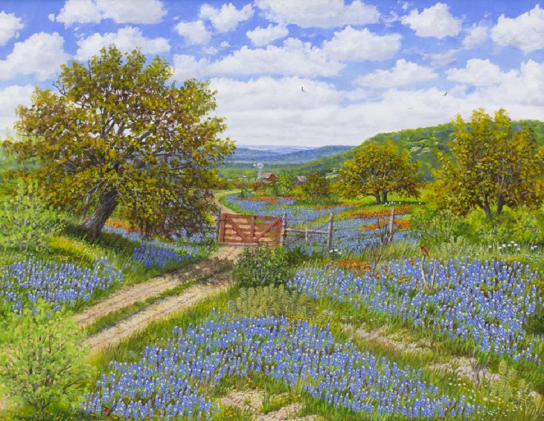 MANUEL GARZA (TEXAS, B.1940) "BLUEBONNET ROAD": Framed oil painting on canvas, "Bluebonnet Road", signed lower left Manuel Garza (Texas, b.1940), signed again verso, sight: 15.5"h, 19.25"w, overall: 25.5"h, 29.5"w, 17lbs Start Price: $800.00
