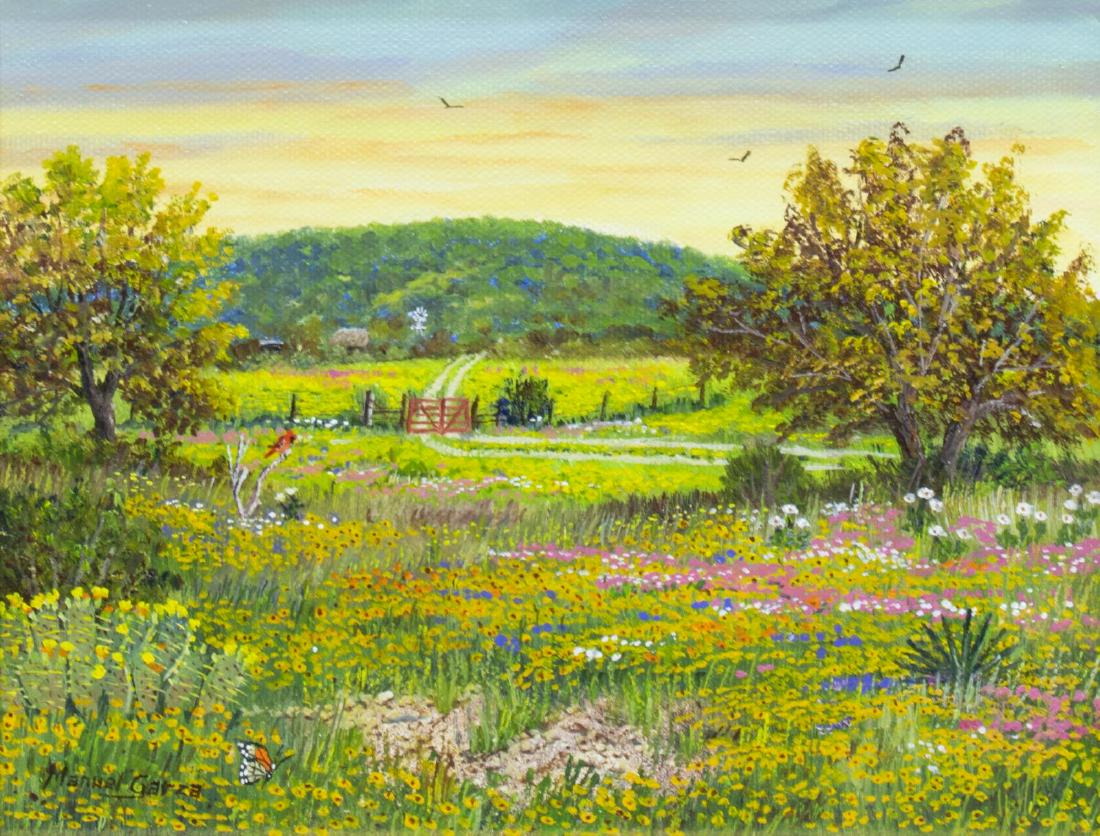 MANUEL GARZA (TEXAS, B.1940) 'WILDFLOWERS': Framed oil on canvas painting, "Wildflowers", signed lower left Manuel Garza (Texas, b.1940), sight: 6.5"h, 8.5"w, overall: 14.5"h, 16.5"w, 4lbs Start Price: $300.00