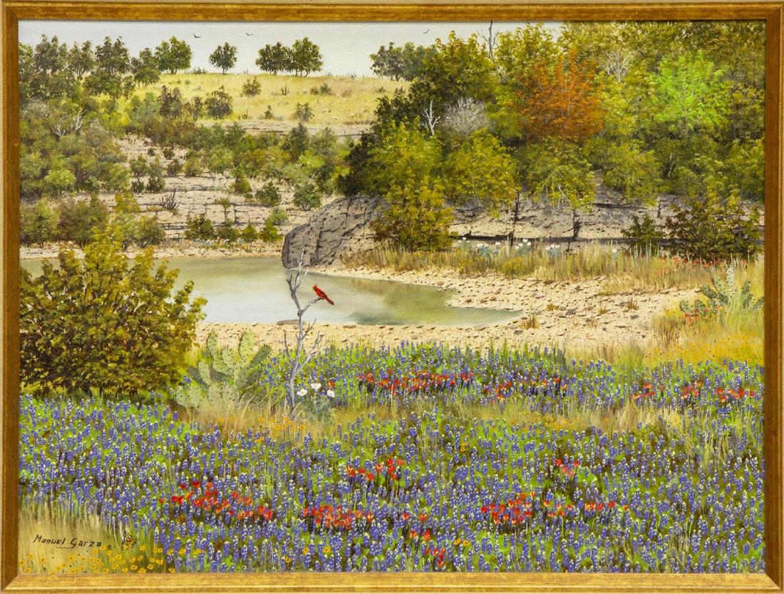 MANUEL GARZA (TX, B.1940) WILDFLOWERS OIL PAINTING: Framed oil on canvas painting, Field of Wildflowers, signed lower left Manuel Garza (Texas, b.1940), sight: approx 8.75"h, 11.75"w, overall: approx 15.5"h, 18.5"w, 3lbs Start Price: $200.00