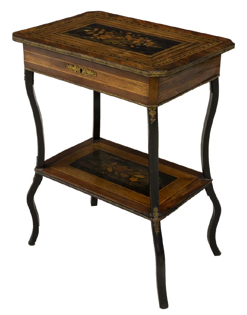 FRENCH NAPOLEON III MARQUETRY WORK TABLE: French Napoleon III work table, 19th c., rectangular top with canted corners, accented with string inlay and marquetry showing bird on nest, hinged top opening to divided interior and later mirror pla