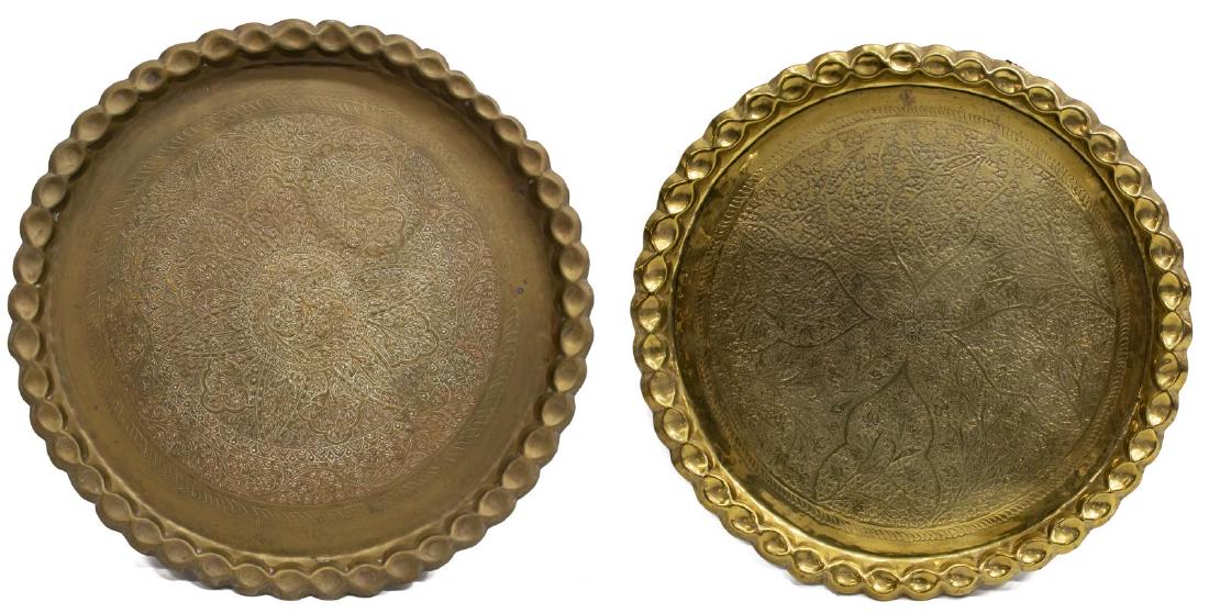 (2) MIDDLE EASTERN INTRICATE BRASS WALL CHARGERS: (lot of 2) Middle Eastern brass wall chargers, of similar style, both having intricate floral and foliate design, approx 24.5"diam; 10lbs total Start Price: $60.00