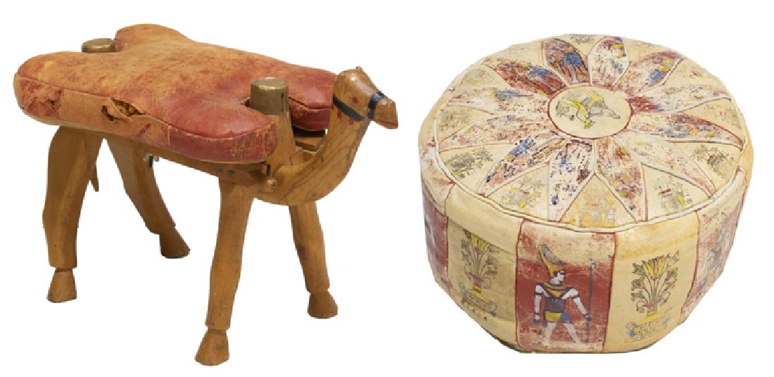 (2) VINTAGE EGYPTIAN MOTIF POOF & CAMEL FORM STOOL: (lot of 2) Vintage stools: (1) leather poof, alternating panels with Egyptian style motifs, the top with central figure on horseback, remnants of red coloring, separation at seams, wear, approx 11"h, 