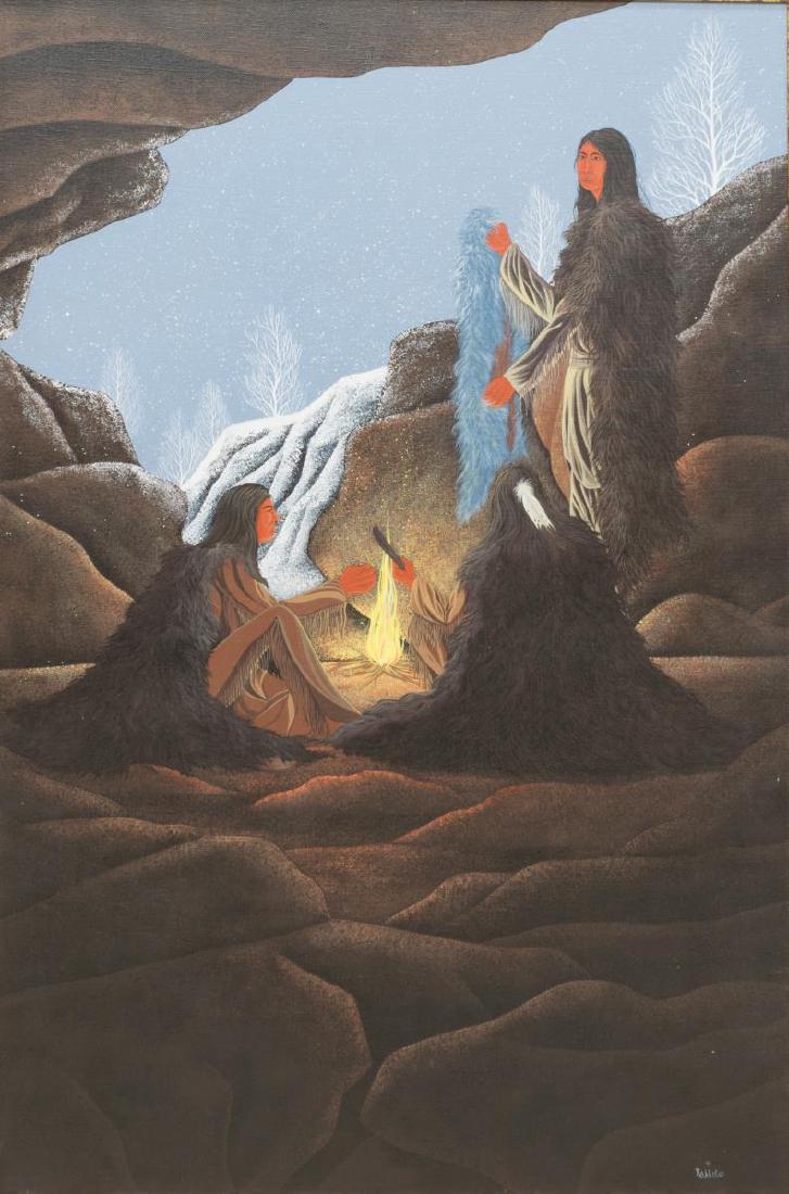 BILL RABBIT (CHEROKEE, 1945-2012) OIL PAINTING: Framed acrylic painting on canvas, "The Price of Fur", signed lower right Rabbit (William 'Bill' Rabbit, Cherokee Nation, Wyoming, Oklahoma, 1946-2012), titled at verso, sight: 35.5"h, 23.5"w, overall