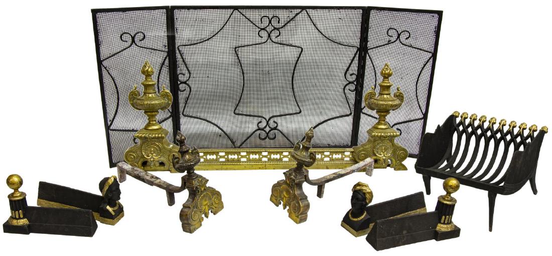 (9) FRENCH GILT BRASS FIRESET & OTHER ACCESSORIES: (lot of 9) Collection of fireplace garnitures and accessories, including: (3pc set) French gilt brass fireplace set, (1) fender and (2) chenets, all with flaming urn and shell motif, largest: 15"h, 37