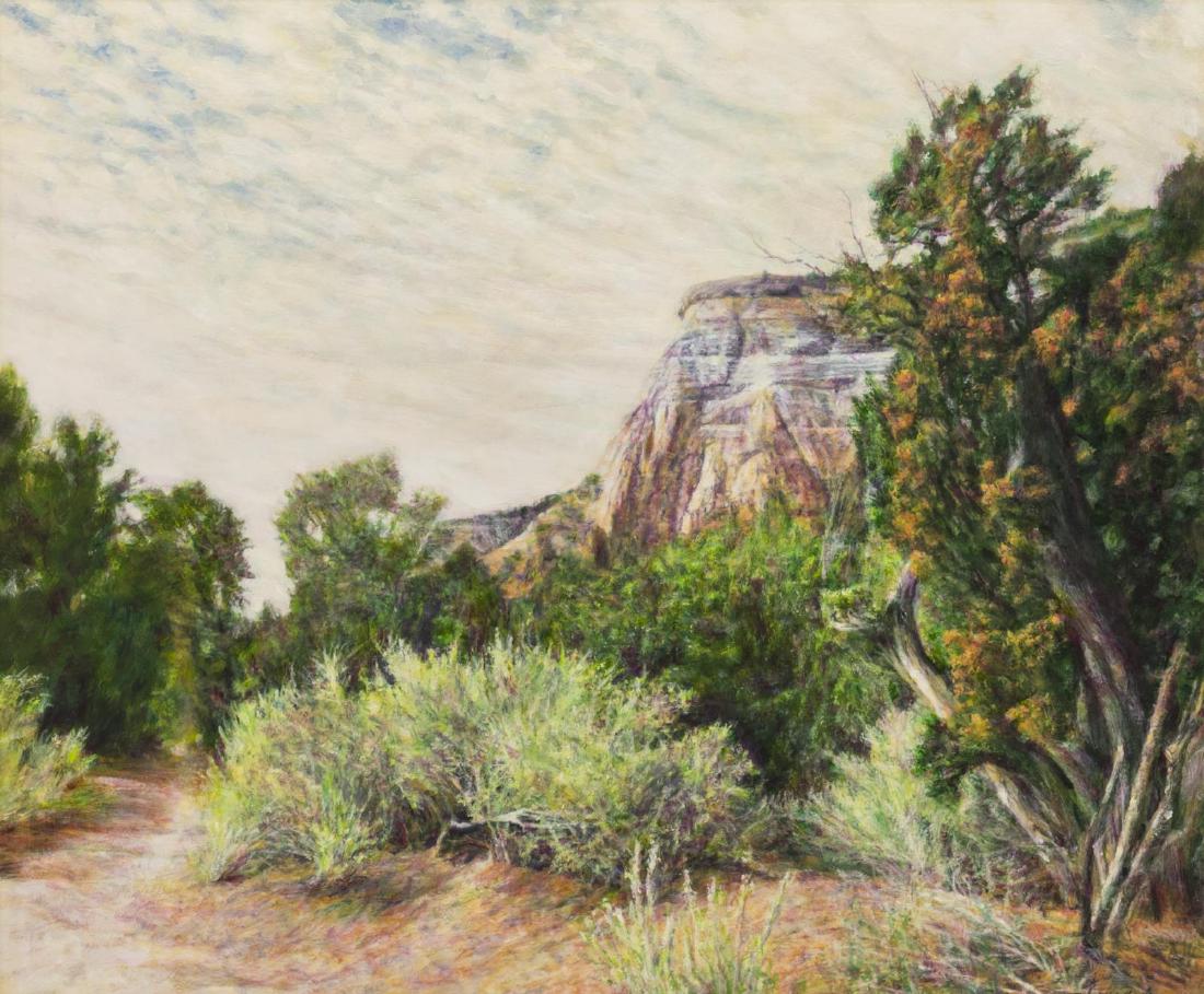 ROBERT BOYLE (TX, 20TH C.) OIL PAINTING BIG BEND: Framed oil on board painting, "Old Trail", Big Bend National Park, signed Robert W. Boyle (Texas, 1925-2010), and dated 1991 lower right, artist's studio label verso with title, board: 20"h, 24"w, ove