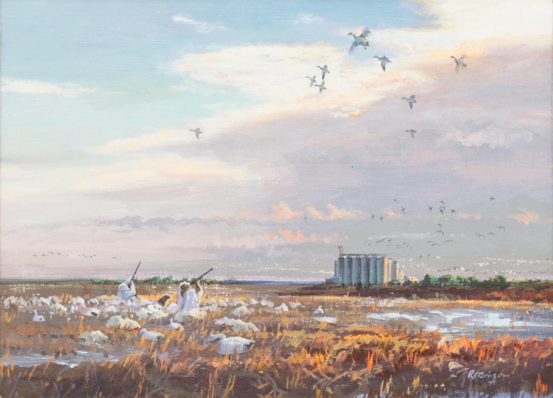 JAMES ROBINSON (D.2015) DUCK HUNT PAINTING: Framed acrylic painting on board, Duck Hunt, signed Robinson (James Robinson, Texas, 1944-2015), and dated 1974 lower right, Gallery at Shoal Creek label verso, spotting to linen mat, sight: approx 8.