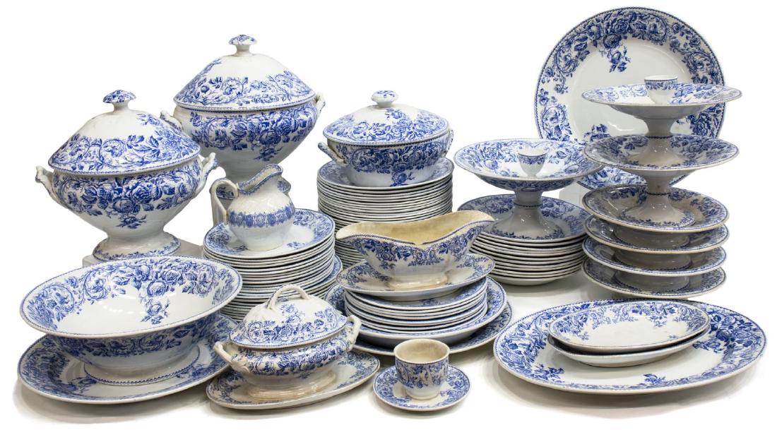 (102) FRENCH LUNEVILLE K&G FLORAL DINNER SERVICE: (lot of 102) French Keller & Guerin Luneville porcelain dinner service, early 20thc., having blue floral pattern, including: (44) dinner plates, 9"diam, (22) salad plates, 8"diam, (12) soup bowls, 9"d