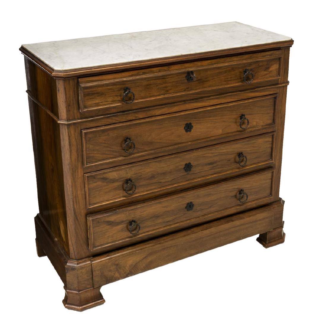 LOUIS PHILIPPE PERIOD MARBLE-TOP WALNUT COMMODE: Louis Philippe period walnut commode, mid 19th c., having canted corner posts and corresponding inset marble top, fitted with five drawers, lowest drawer concealed in molding, with wrought iron ring p