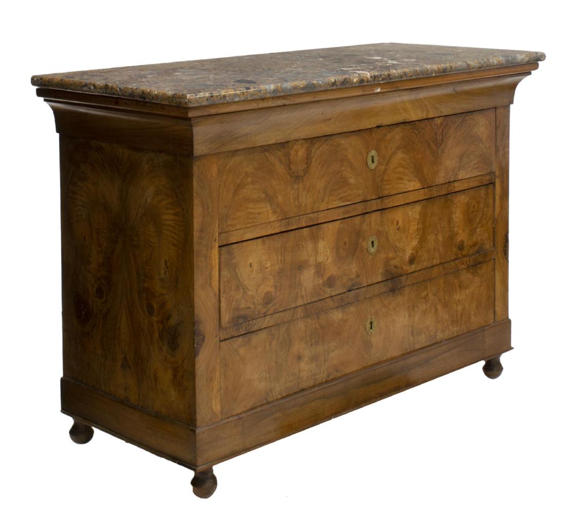 FRENCH LOUIS PHILIPPE MARBLE-TOP WALNUT COMMODE: French Louis Philippe period figured walnut commode, late 19th c., having marble top above three drawers, small chips to rear marble, varied rear leg, approx 36.5"h, 52"w, 22.5"d Start Price: $400.00