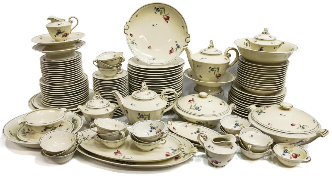 (130) ANCIENNE FABRIQUE LIMOGES DINNER SERVICE: (lot of 130) Ancienne Fabrique Royal Limoges porcelain dinner service, 20thc., having a pink and blue floral pattern, including: (31) dinner plates, 9.75"diam, (11) salad plates, 8.5"diam, (7) bread a