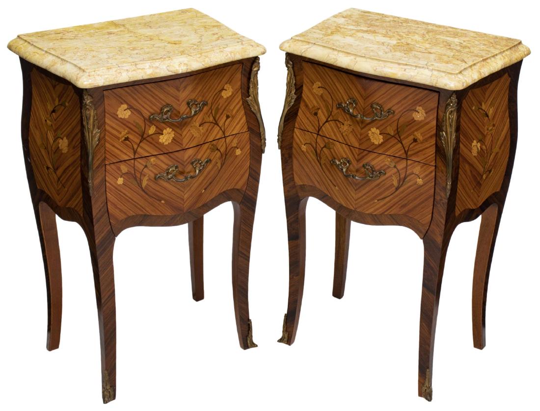 2) LOUIS XV STYLE MARBLE-TOP MARQUETRY NIGHTSTANDS: (pair) French Louis XV style floral marquetry bedside cabinets, 20th c., shaped marble top over two drawers, rising on cabriole legs, 27.75"h, 17"w, 11.5"d Start Price: $250.00