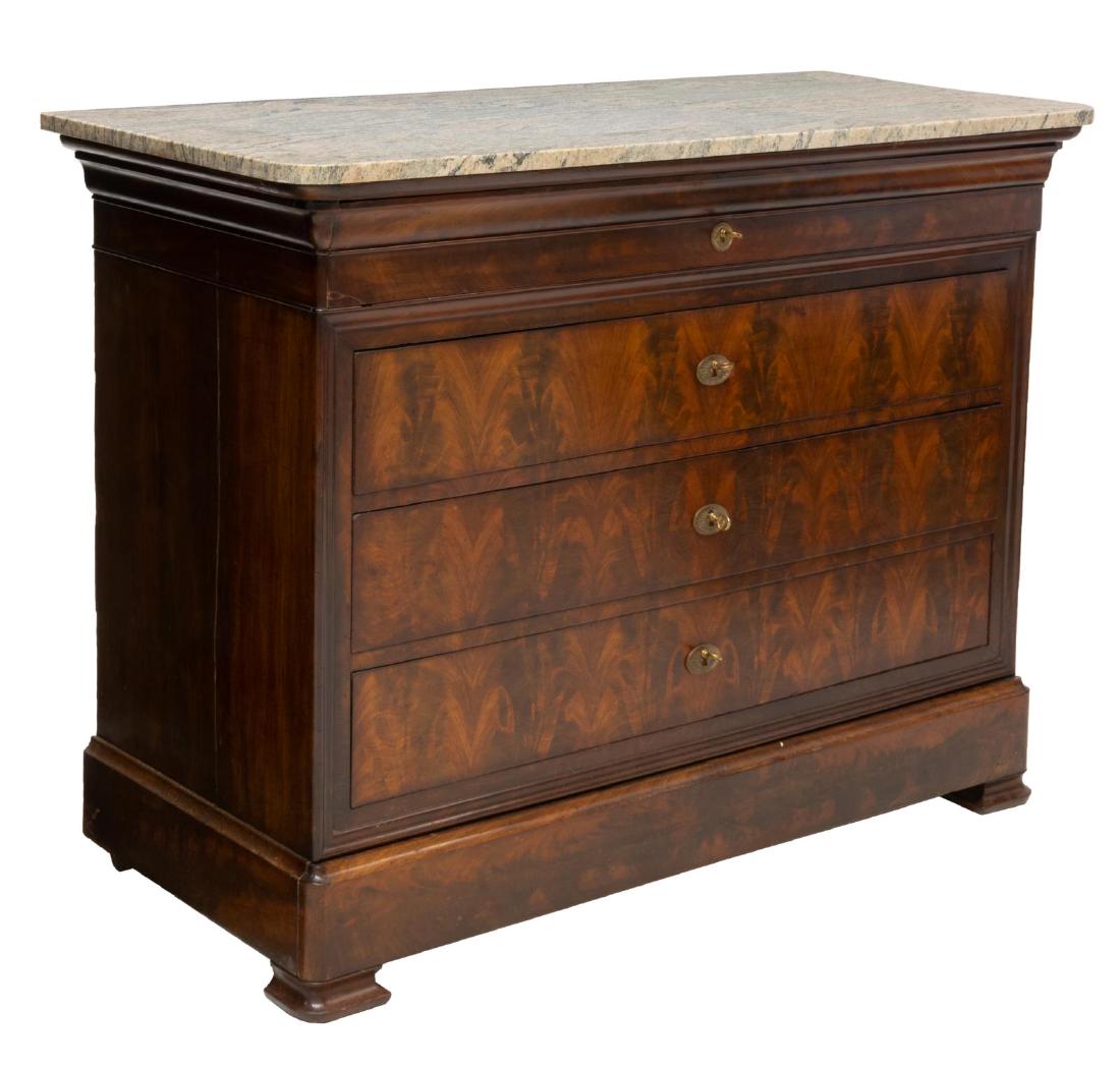 FRENCH LOUIS PHILIPPE MARBLE-TOP MAHOGANY COMMODE: French Louis Philippe period commode, late 19th c., having marble-top, over mahogany case fitted with five drawers, drawer fronts with flame veneers, top drawer with sectioned interior, lowest drawer 