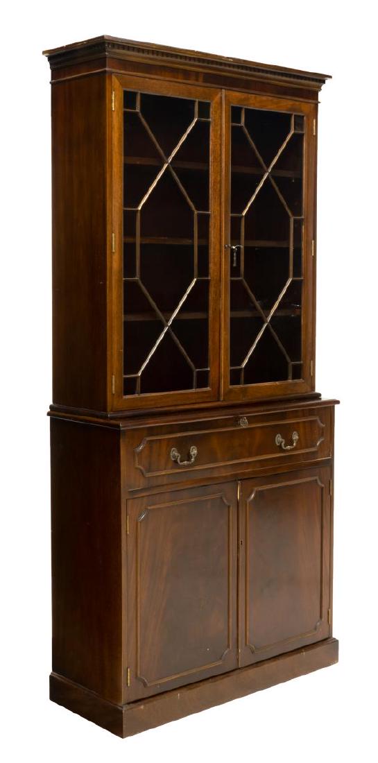 ENGLISH GEORGIAN STYLE SECRETARY BOOKCASE: English Georgian style mahogany secretary bookcase, 20th c., having cornice top with dentil molding, astragal glazed double-doors opening to shelves, top drawer folding down to reveal inset leather wr