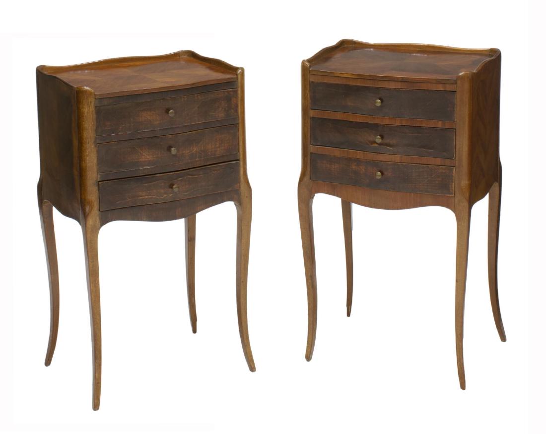 (2) FRENCH LOUIS XV STYLE MAHOGANY NIGHTSTANDS: (pair) French Louis XV style nightstands, 20th c., having raised gallery back, over case with matched mahogany veneers, fitted with three drawers, rising on slim cabriole legs, (one) with loss at legs